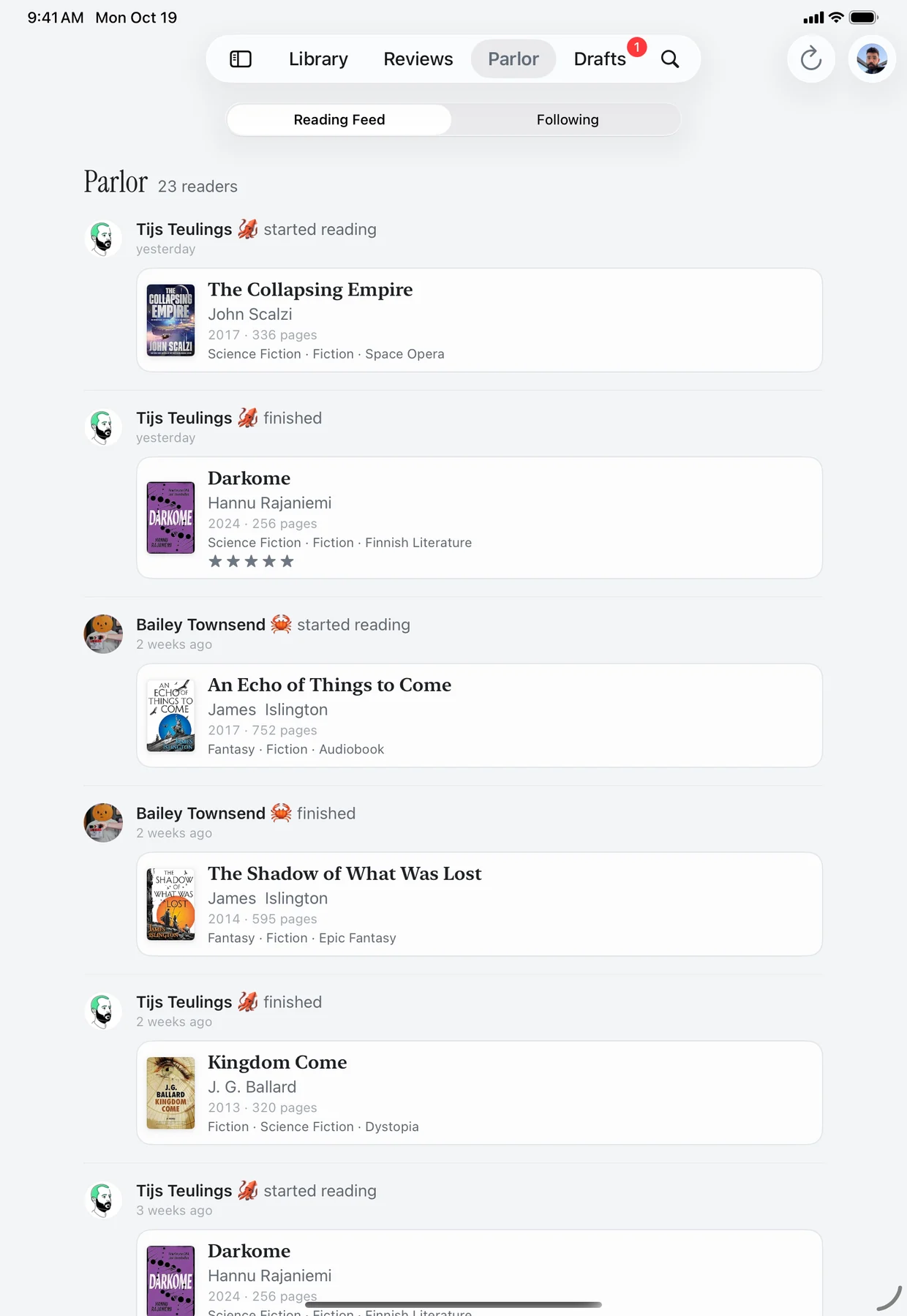 The Parlor on iPad, showing what followed readers started and finished.