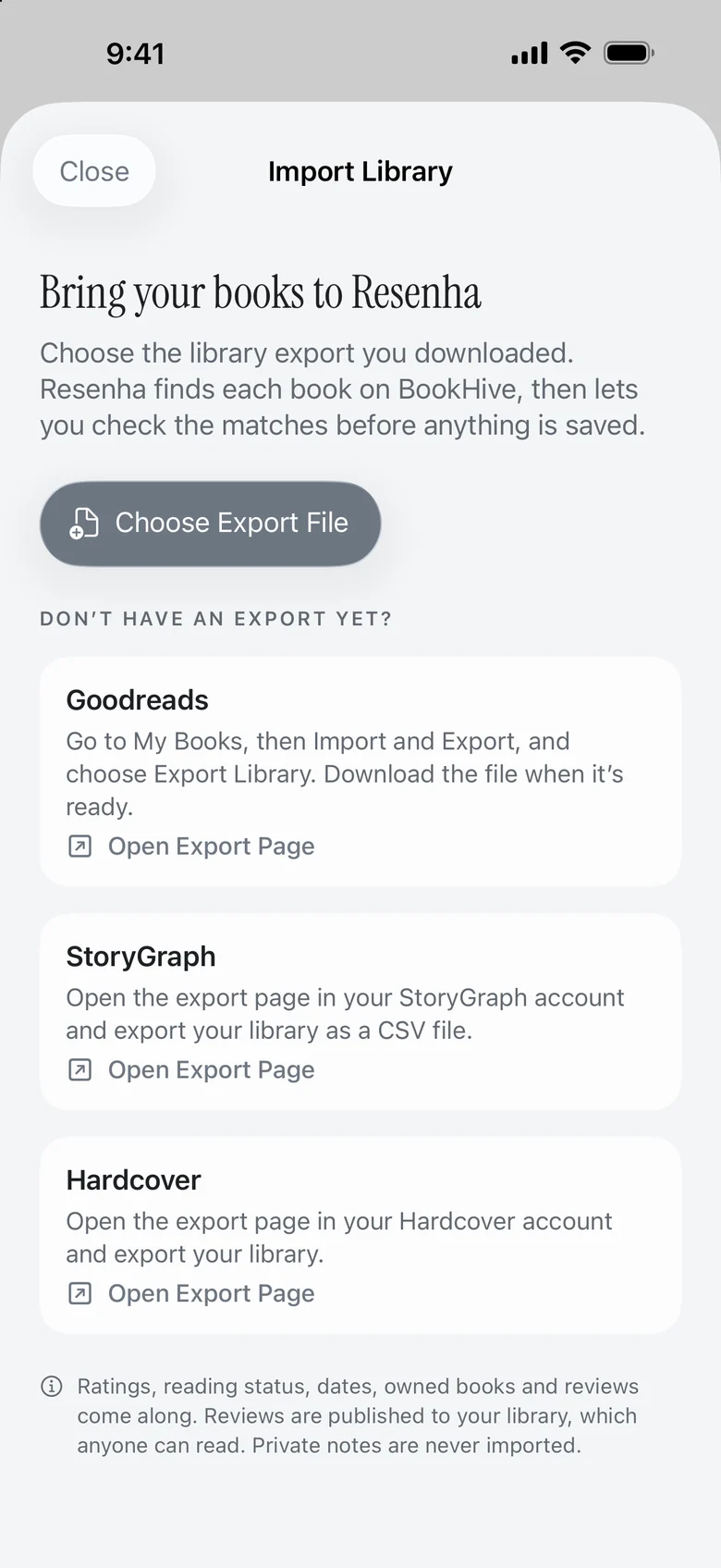 Importing a library from Goodreads, StoryGraph or Hardcover in Resenha on iPhone.