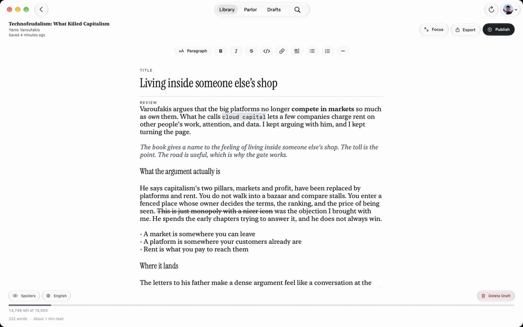 Writing a review in Resenha on a Mac.